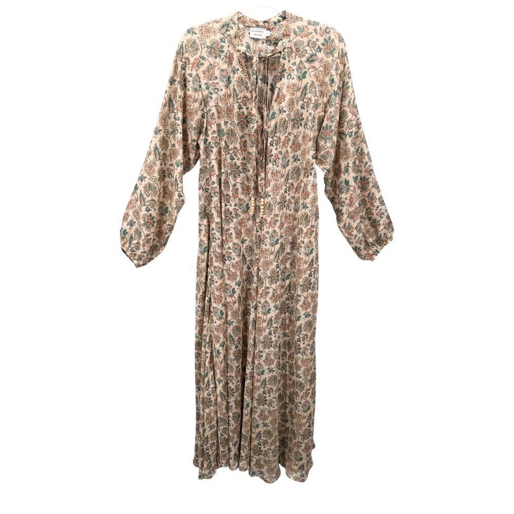 Flannel Limited Edition Maxi Dress Womens Large Tan Floral Silk Blend Boho Slit